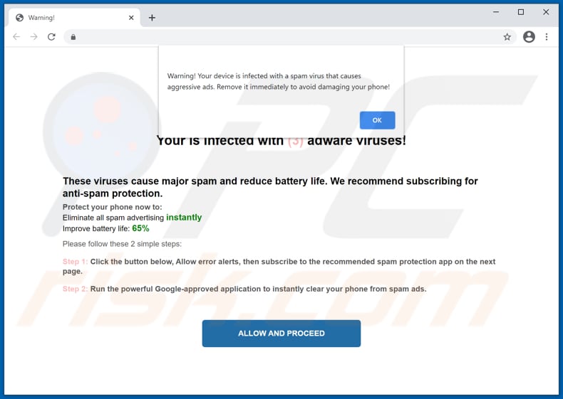 fraude Your device is infected with a spam virus scam