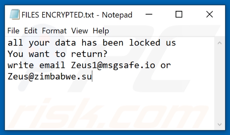 ficheiro de texto do ransomware ZEUS (FILES ENCRYPTED.txt)