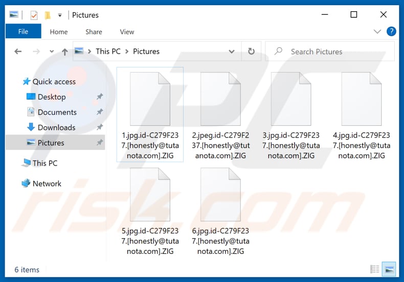 Ficheuros encriptados pelo ransomware ZIG (extensão .ZIG)