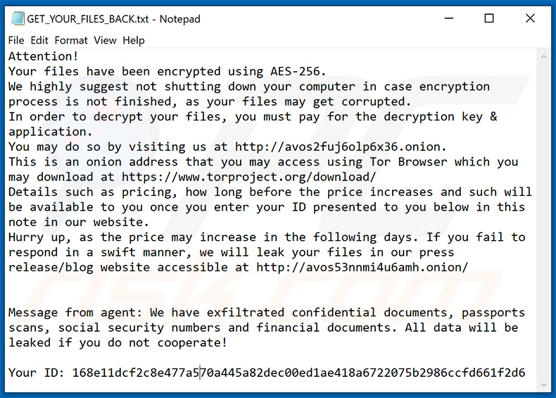 instruções de desencriptação de AvosLocker (GET_YOUR_FILES_BACK.txt)