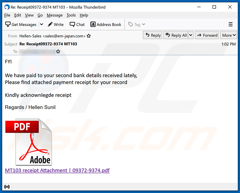 Bank payment-e-mail temático de spam utilizado para promover um site de phishing (2021-07-08)
