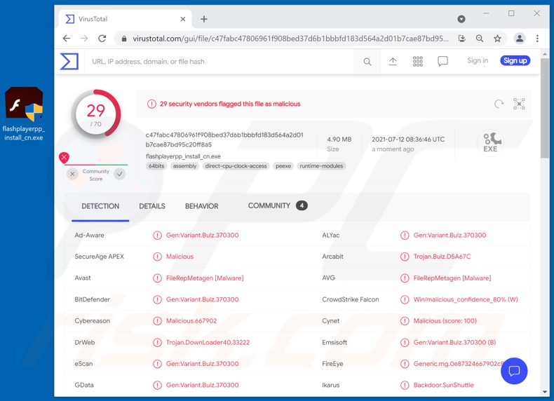 detecções malware BIOPASS no VirusTotal