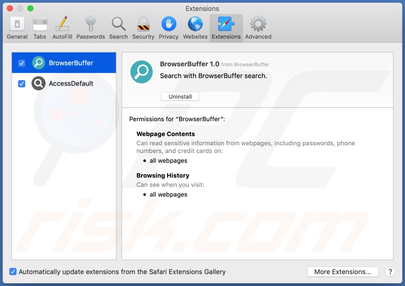 adware BrowserBuffer instalado no Safari