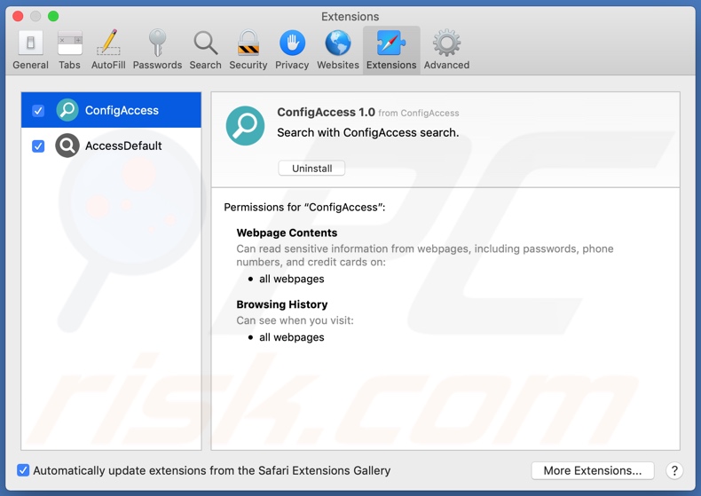 adware ConfigAccess instalado no Safari
