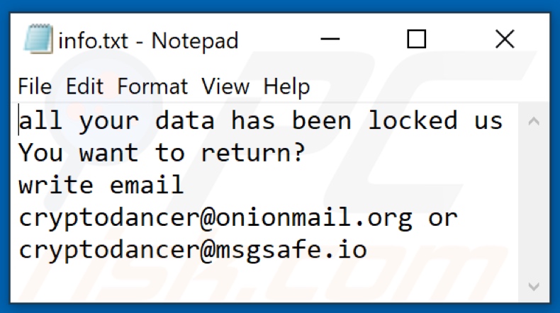 ficheiro de texto do ransomware Dance (info.txt)