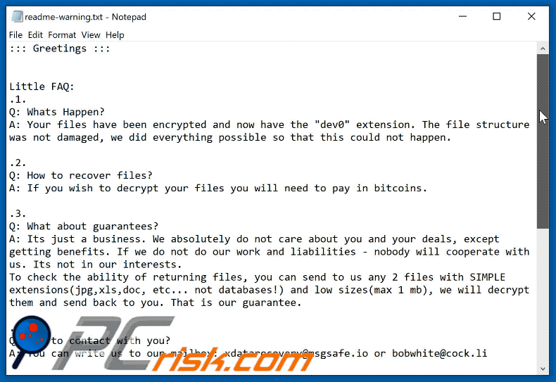 aparência da nota de resgate do ransomware Dev0 GIF (readme-warning.txt)