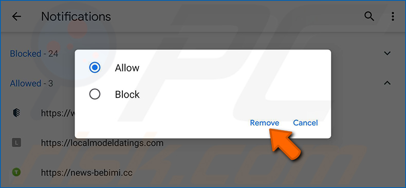 Desactivar notificações de  navegador no navegador web Android Google Chrome (Android)