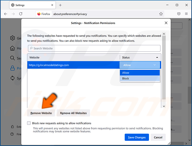 Desactivar notificações de navegador no navegador web Mozilla Firefox (Android)