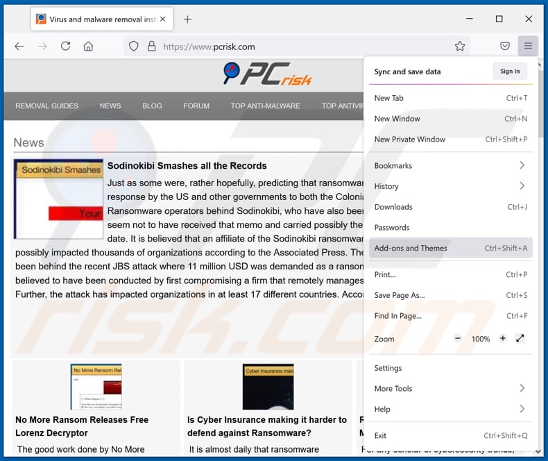 Remoção das extensões fraudulentas do Mozilla Firefox passo 1