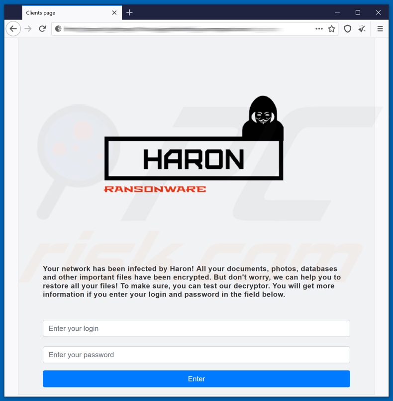 página web de login do ransomware Haron