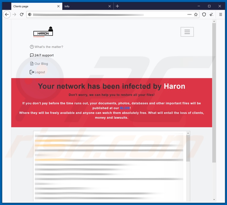 ransomware Haron mostrado na página web após o login