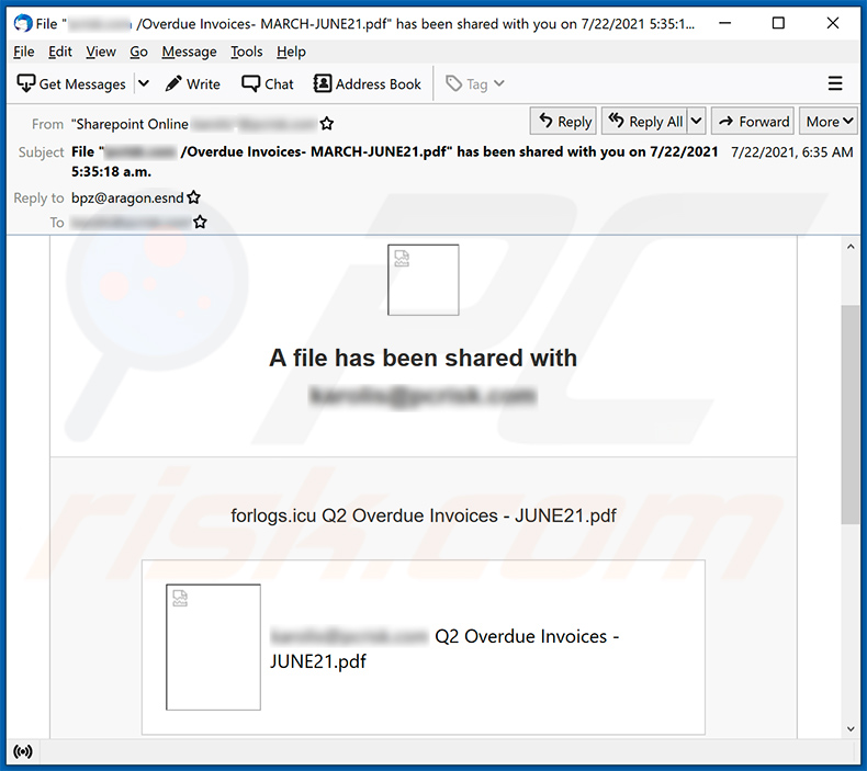 Email de spam com tema Invoice promovendo um website de phishing (2021-07-23)