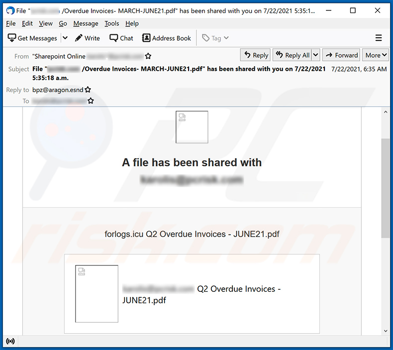 Email de spam com tema Invoice promovendo um website de phishing (2021-07-23)