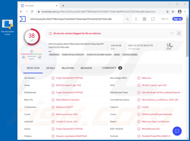 Detecções de anexos do vírus de e-mail Kaseya (SecurityUpdates.exe - nome do ficheiro)