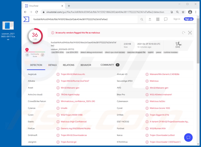 detecções de malware Lu0bot em VirusTotal