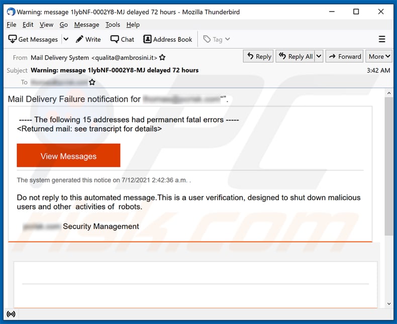 Campanha da fraude Mail Delivery Failure por email spam