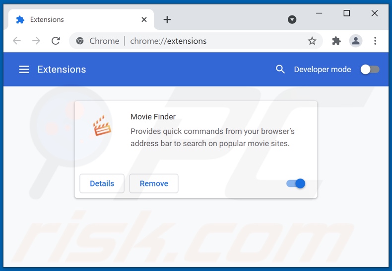 Remoção das extensões fraudulentas moviefindersearch.com do Google Chrome passo 1