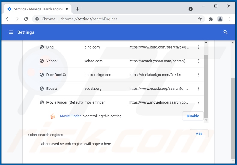 Removendo moviefindersearch.com do motor de pesquisa padrão do Google Chrome