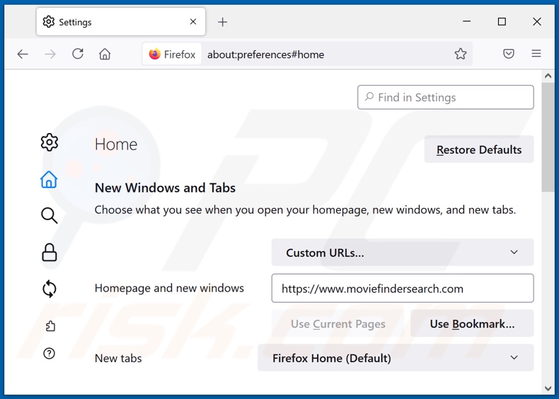 Remoção do moviefindersearch.com da página inicial do Mozilla Firefox