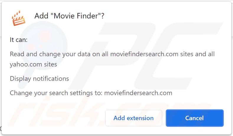 Sequestrador do navegador Movie Finder a pedir várias permissões
