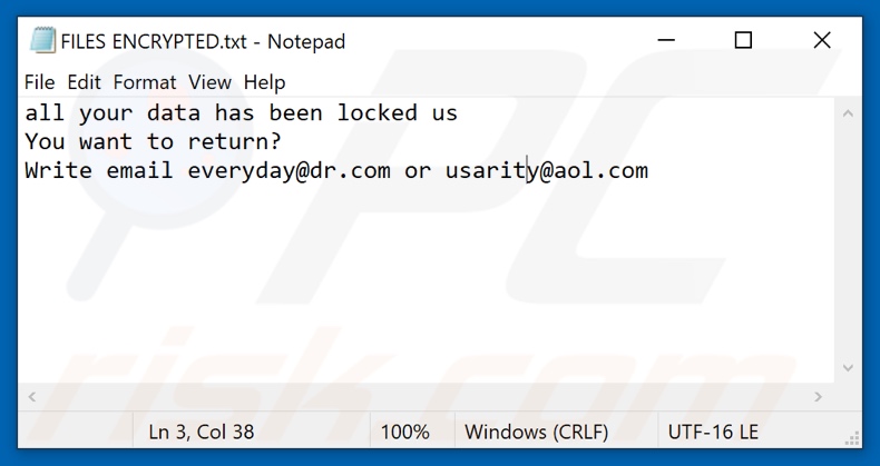 ficheiro de texto do ransomware Myday (FILES ENCRYPTED.txt)