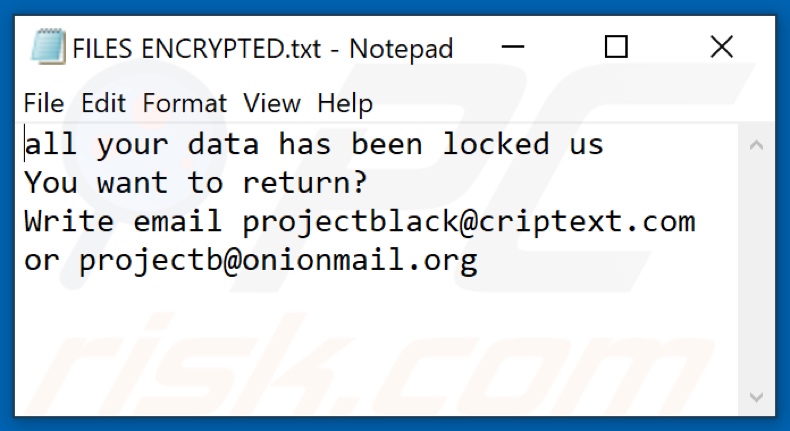 ficheiro de texto do ransomware PB (FILES ENCRYPTED.txt)