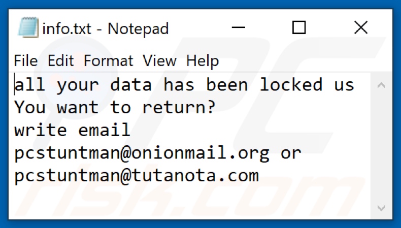 ficheiro de texto do ransomware PcS (info.txt)