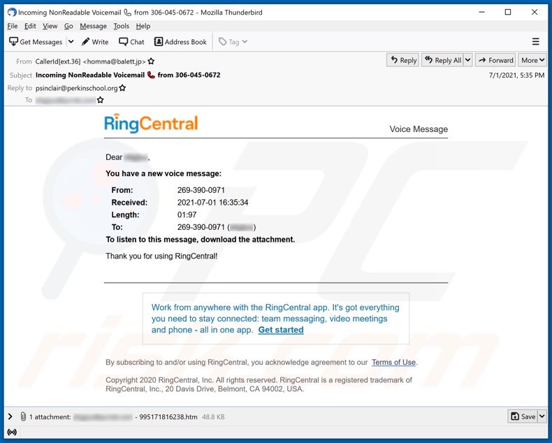 Campanha de spam por email de RingCentral