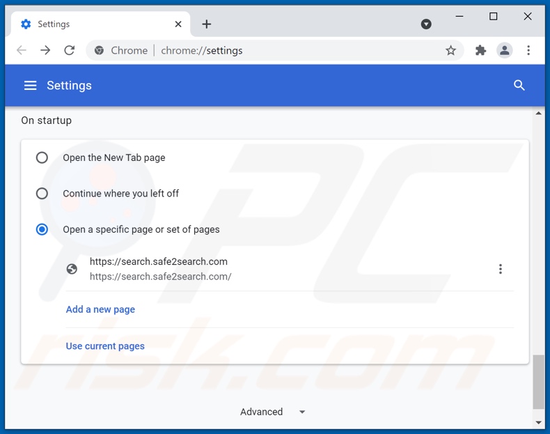 Remoção de search.safe2search.com da página inicial do Google Chrome