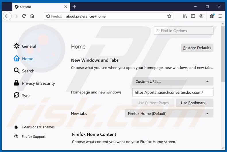 Removendo searchconvertersbox.com da página inicial do Mozilla Firefox