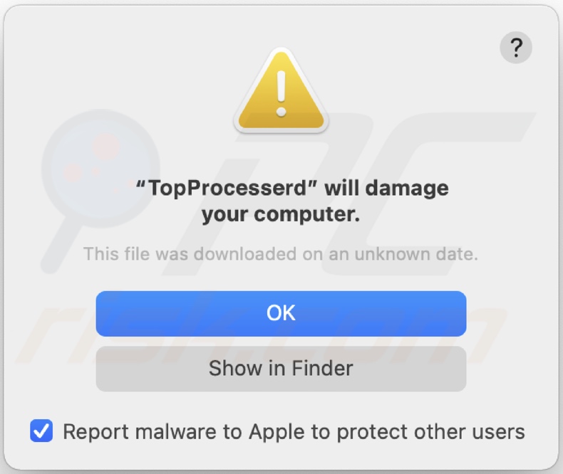Alerta pop-up a alertar que o adware TopProcesser está presente no sistema