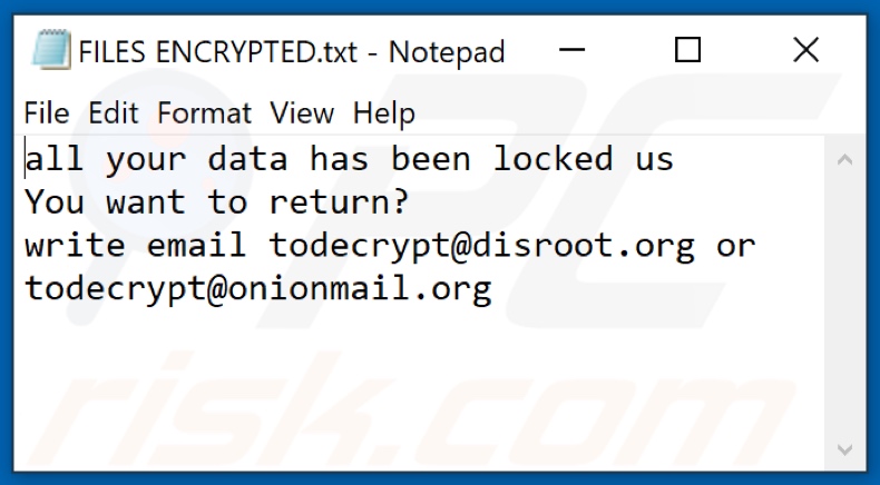 ficheiro de texto do ransomware TOR (FILES ENCRYPTED.txt)