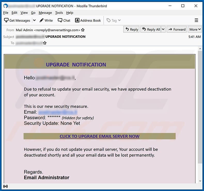 spam com tema de atualização de email a promover um site de phishing