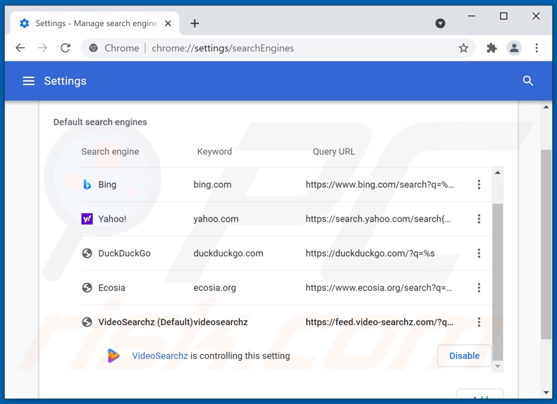 Remoção do site video-searchz.com do motor de pesquisa padrão do Google Chrome