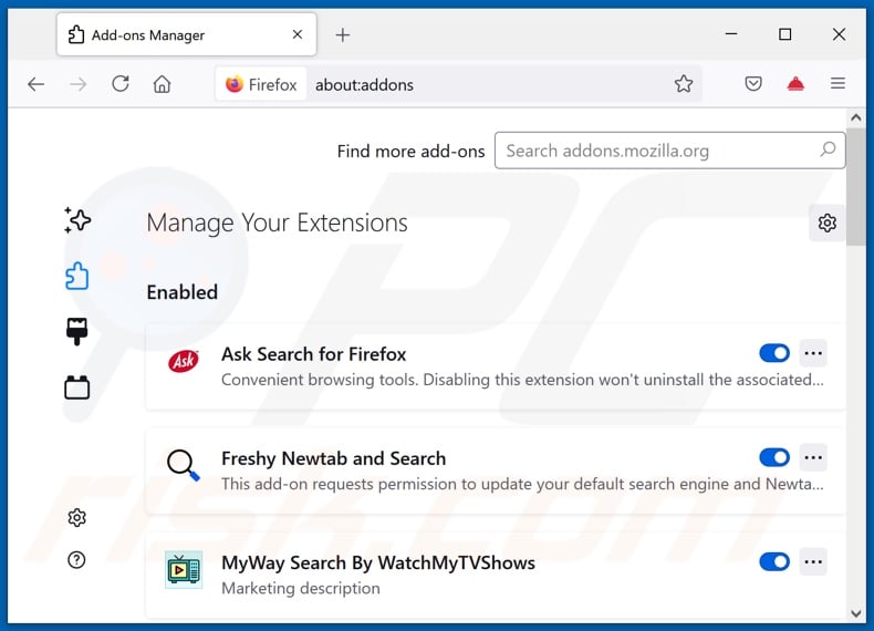 Remoção de extensões do Mozilla Firefox relacionadas com vídeo-searchz.com