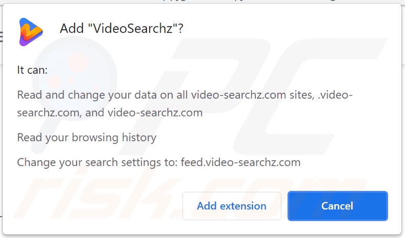O sequestrador de navegador VideoSearchz browser a pedir permissões
