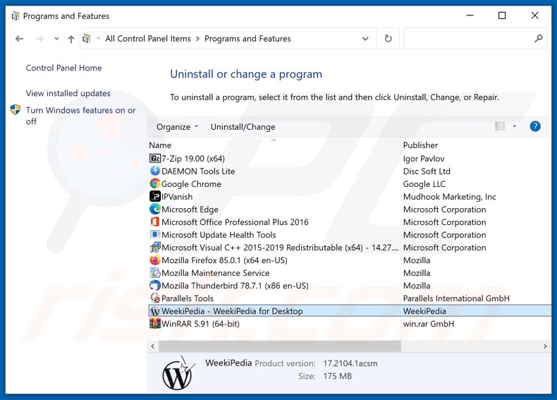 desinstalar o adware WeekiPedia via Painel de Controlo