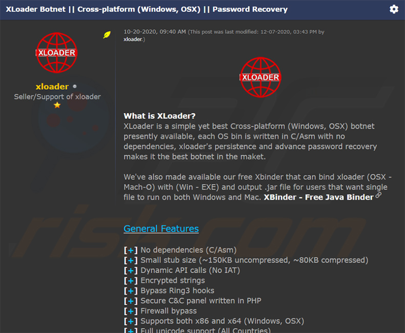 Criminosos cibernéticos que vendem XLoader em fóruns de piratas