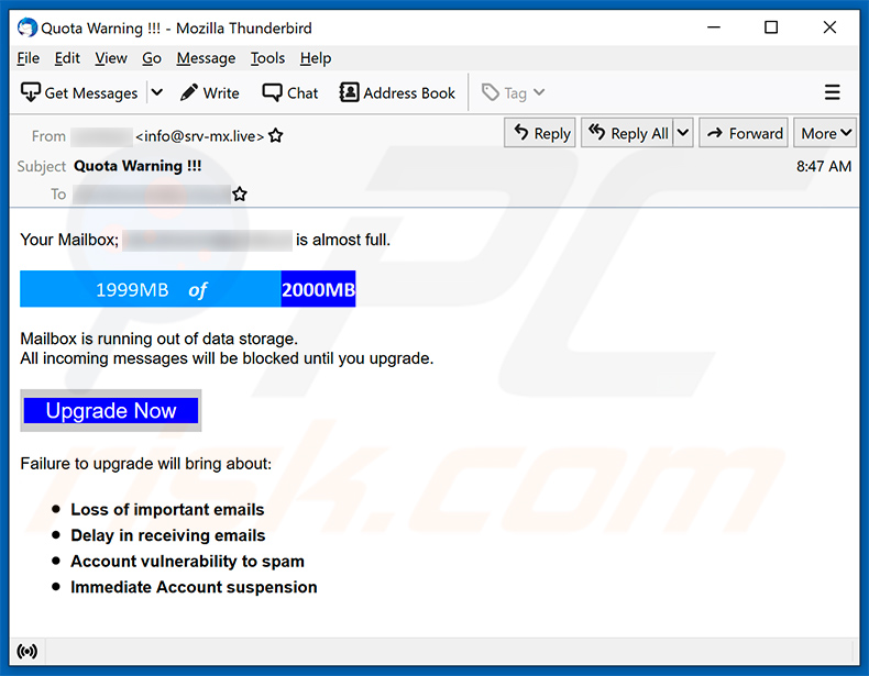 email da fraude Your Mailbox Storage Is Full (2021-07-02)