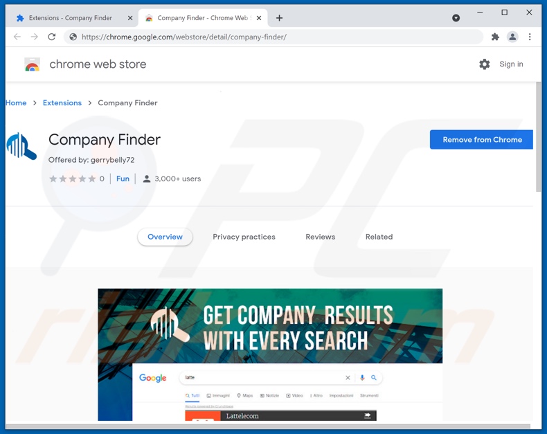 O adware Company Finder promovido em Chrome Web Store