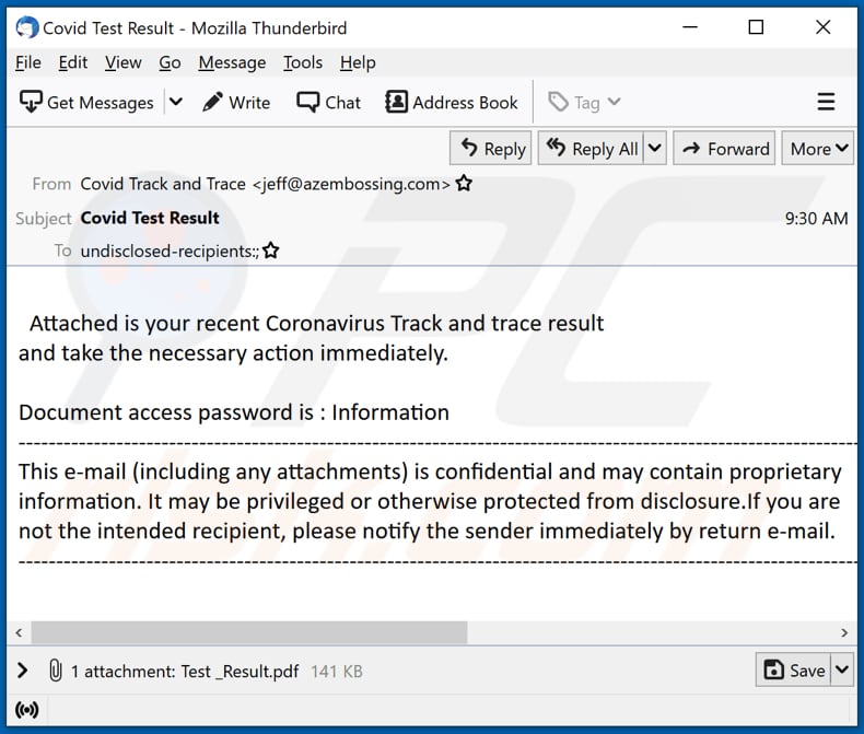 malware a distribuir a campanha por email Coronavirus Track and trace result email virus