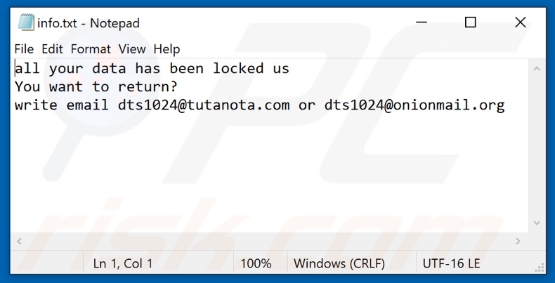 ficheiro de texto do ransomware Dts (info.txt)