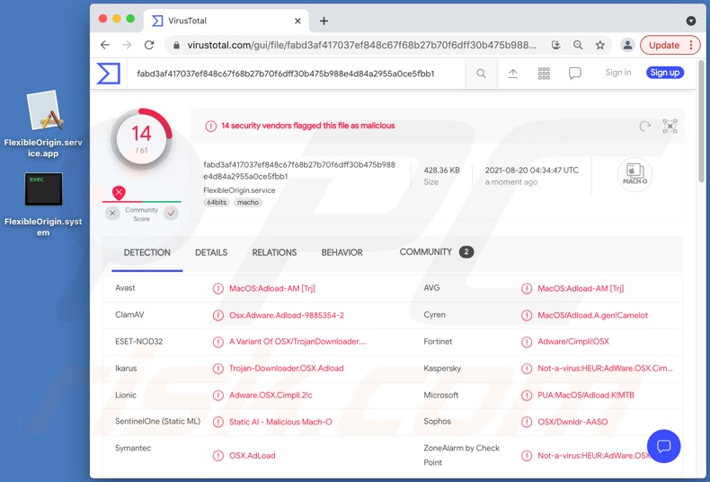 Detecções de adware FlexibleOrigin em VirusTotal