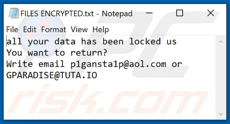 ficheiro de texto do ransomware GanP (FILES ENCRYPTED.txt)