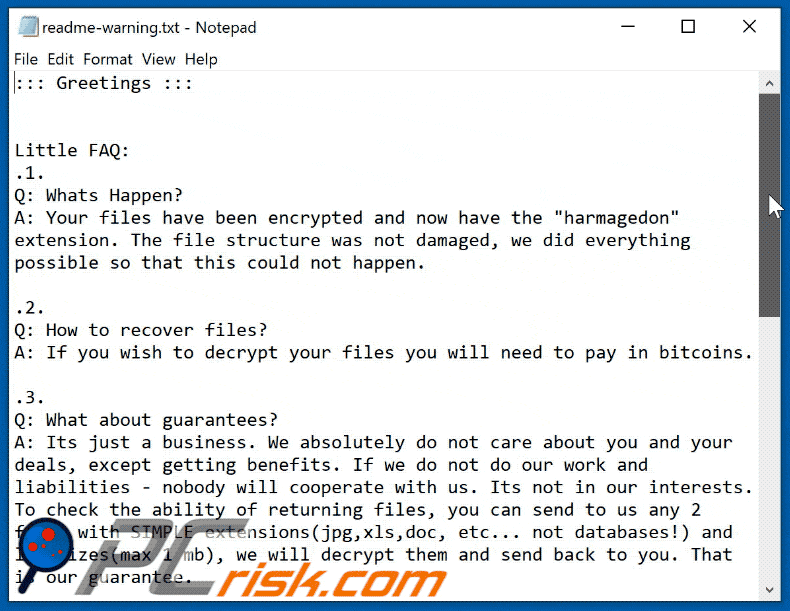nota de resgate do ransomware harmagedon readme-warning.txt gif