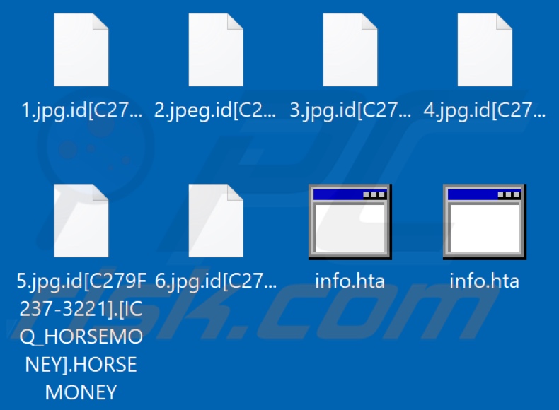 Ficheiros encriptados pelo ransomware HORSEMONEY (extensão .HORSEMONEY)
