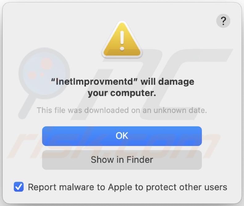 pop-up do adware de inetimprovment exibido enquanto o inetimprovment está instalado