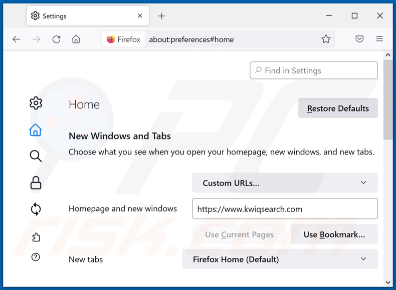 Remoção do kwiqsearch.com da página inicial do Mozilla Firefox