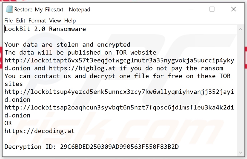 Ficheiro de texto do ransomware LockBit 2.0 (