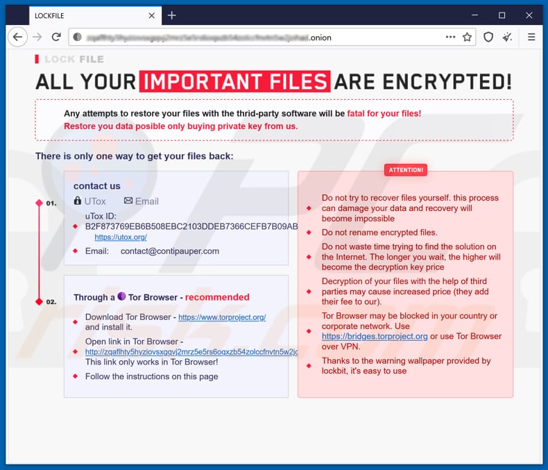 Screenshot de LockFile no site Tor